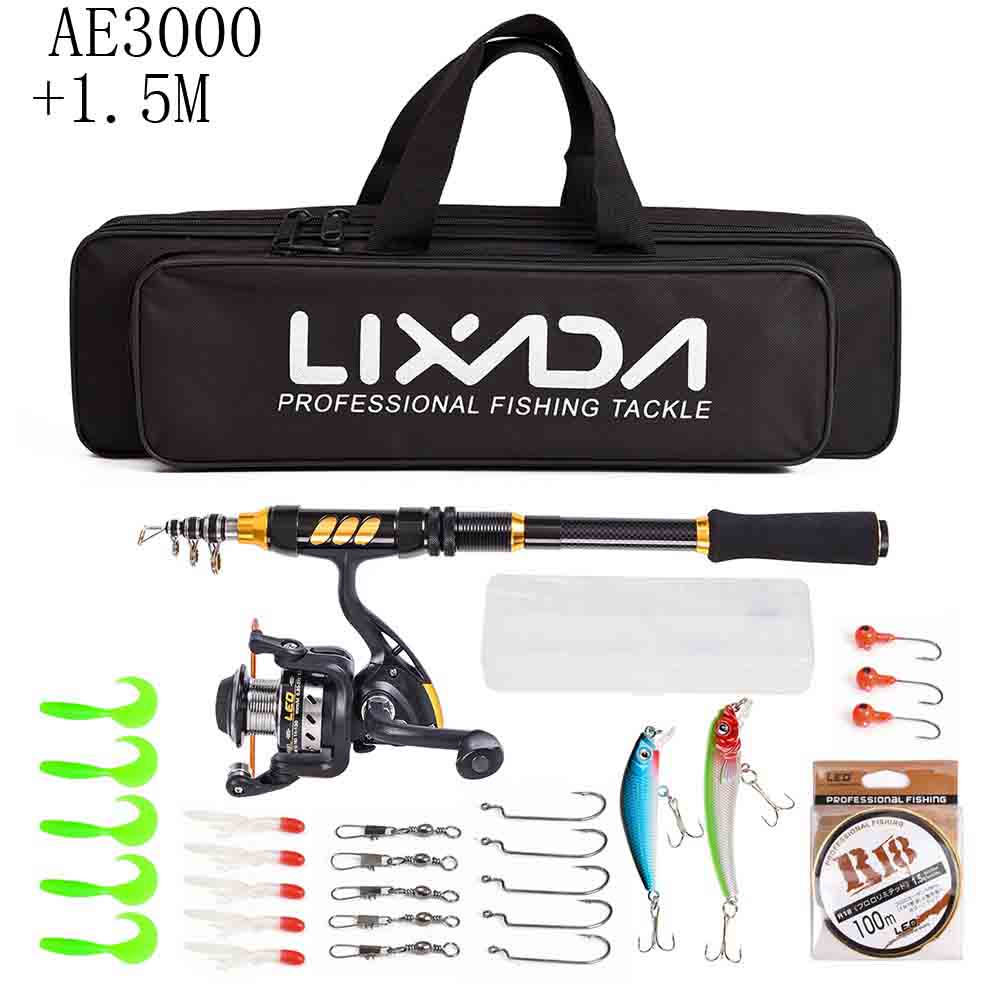 Lixada-Combo de caña de pescar telescópica y carrete, Kit completo de engranaje giratorio de carrete de pesca, juego de polos organizador con señuelos de línea de pesca de 100M: B150M