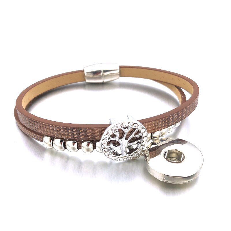 Magnet Tree Of Life 324 Crystal Pu Leather 18mm Snap Button Charm Bracelet Bangle Jewelry For Women Teenagers: brown