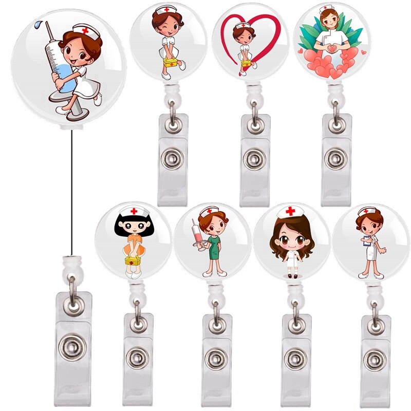 10 Stks/partij Cartoon Mooie Vrouwen Verpleegster Arts Medische Hart Intrekbare Badge Reel Broches Clips Voor Id Naam Kaarthouder Sleutelhanger