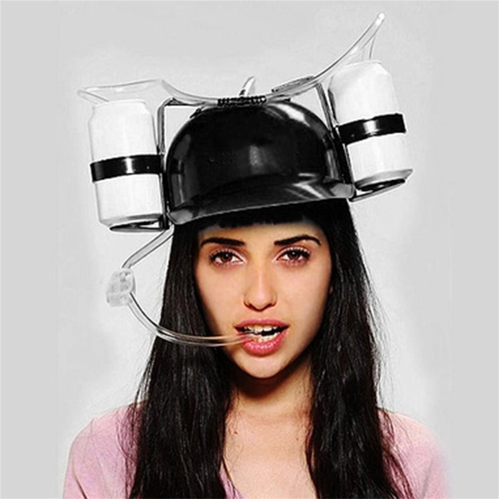 Cerveza bebidas gaseosas Guzzler casco divertido sombrero para beber paja sombrero negro juego de sombrero tiene 2 latas de Soda cerveza en el lado de casco