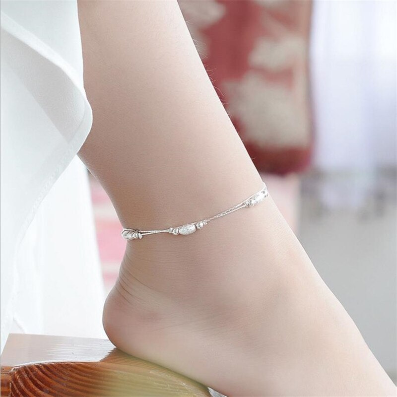 925 Sterling Zilveren Enkelbanden Voor Vrouwen Sieraden Charm Frosted Bal Double Layer Armbanden Vrouwelijke Accessoires Meisjes Enkelband