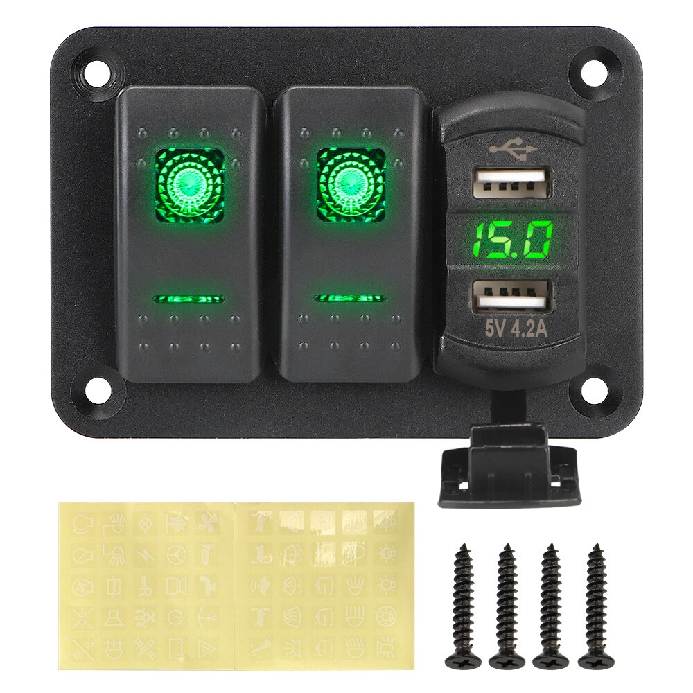 Dc 12v/24v 6/2 gangs vippekontakt panel vandtæt dobbelt usb porte led digital voltmeter afbryder tænd/sluk lys bil marine: Sort