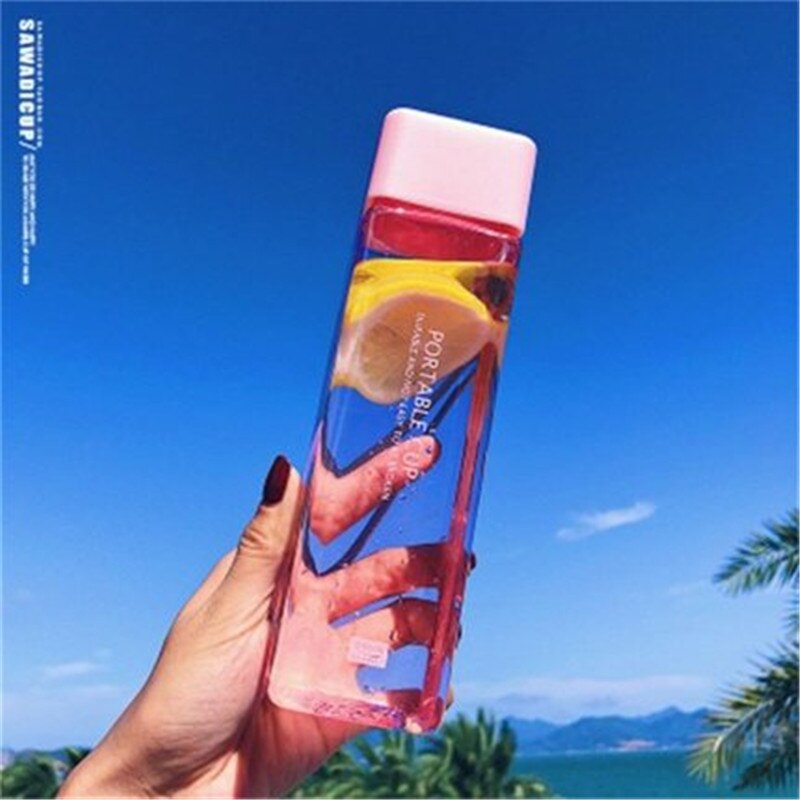 Square Frosted Plastic Water Bottle Portable Transparent Bottle Fruit Juice Leak-proof Outdoor Sport Travel Camping Bottle: pink