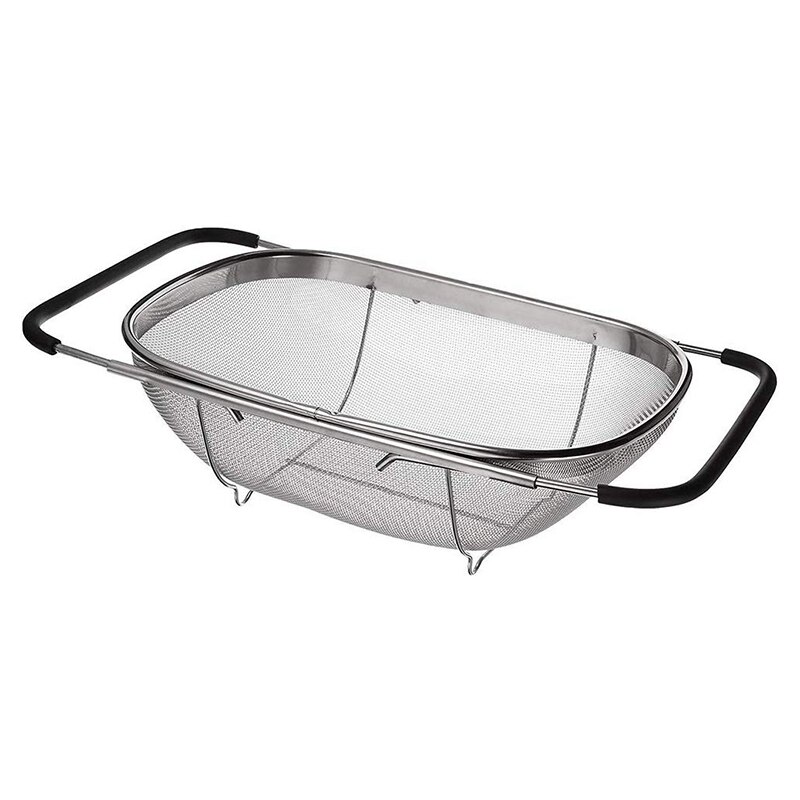 Gootsteen vergiet zeef mand roestvrij staal, voor keuken gootsteen met rubberen grip, fijnmazig roestvrij staal, uitschuifbare metalen zeef