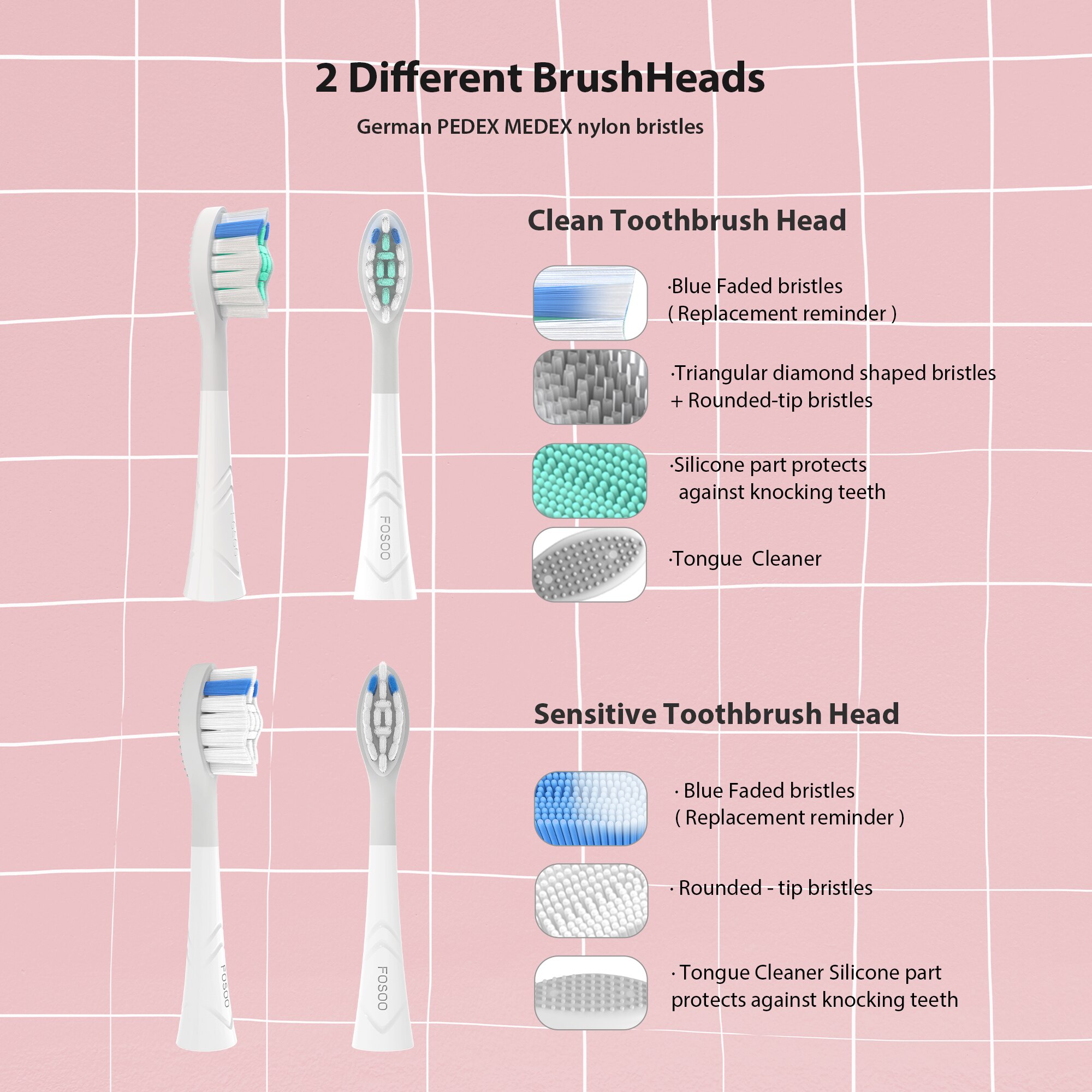 FOSOO – brosse à dents électrique sonique APEX 42000VPM, 2 Min, minuterie intelligente, autonomie de la batterie de 180 jours, 4 Modes de nettoyage, 2 têtes de brosse roses