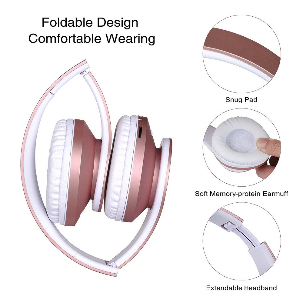Or rose sans fil bluetooth ecouteurs stéréo pliable casque sur oreille casque FM radio TF carte avec microphone pour téléphone