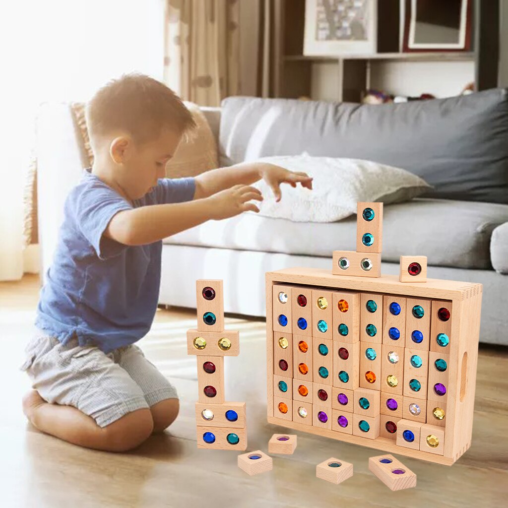 128pcs Wooden Colorful Gems Blocks Toys Translucent Rainbow Educational Early Education Recognition Learning Color Reflection