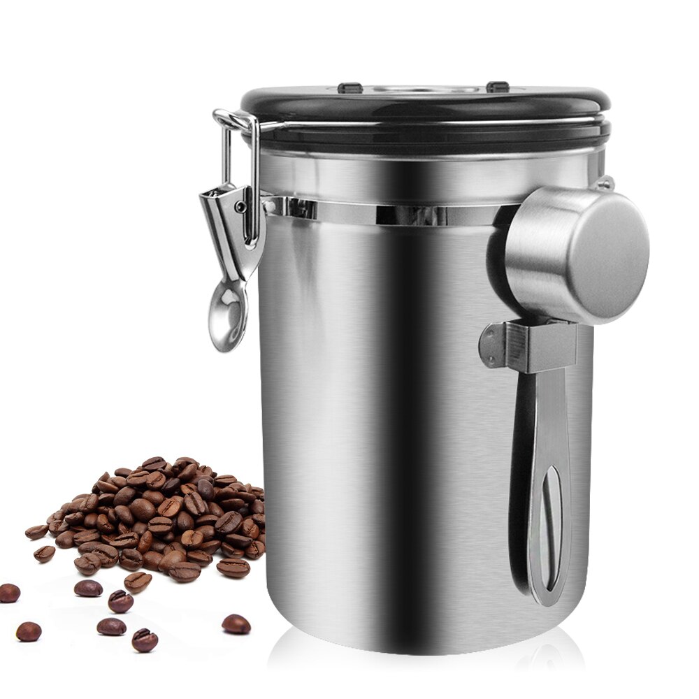 1.5/1.8l kaffebeholder med scoop lufttæt kaffebeholder rustfrit stål opbevaringsbeholder sæt til kaffebønner te: 1800ml a