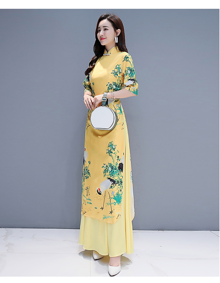 Asian long Qiapo maxi dress Chinese style yellow Ao Dai for women