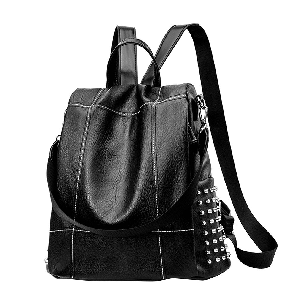 Mode Vrouwen Rugzak Pu Leer Klinknagel Slip Rugzak Meisje Mochila Feminina Anti-Diefstal Dubbele Schoudertassen: Black