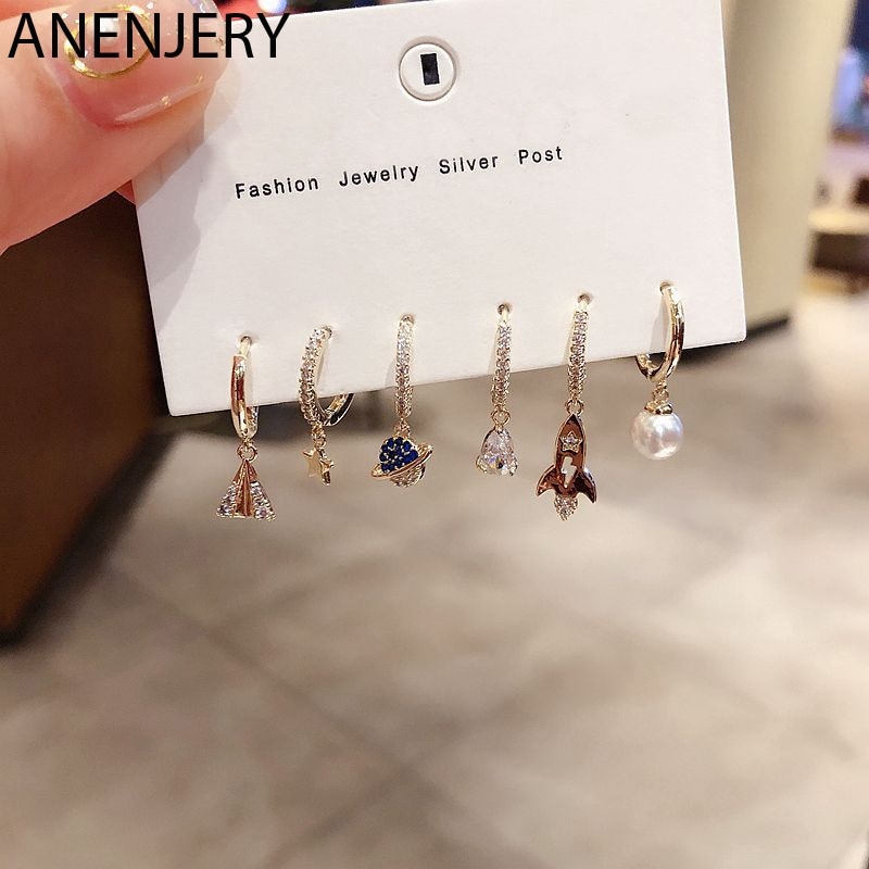 ANENJERY 925 argent Sterling 6 pièces boucles d'oreilles ensembles perle mosaïque Zircon avion étoile lune univers cerceau boucles d'oreilles ensembles pour les femmes