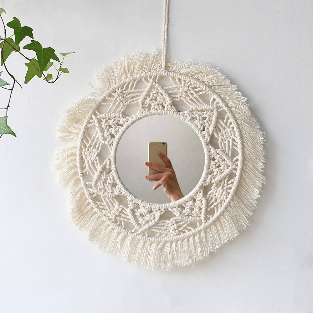 Boho Macrame specchio da parete decorazioni per la casa specchi decorativi decorazioni per la stanza estetica specchi da parete per soggiorno decorazione del bagno