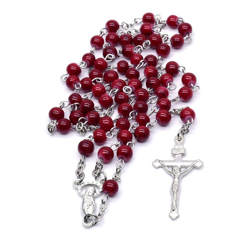 6mm Rozenkrans Glazen Kralen Jezus Kruis Hanger Ketting Charme Ketting Sieraden Christus E5BB