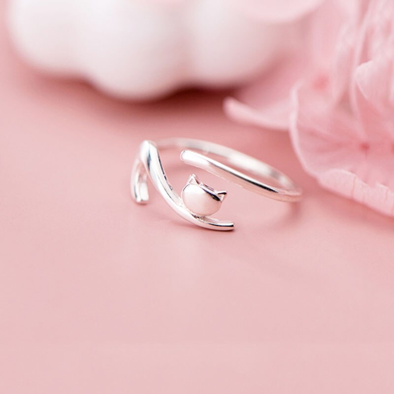 Inzatt Echt 925 Sterling Zilveren Kat Verstelbare Ring Voor Mode Vrouwen Party Leuke Fijne Sieraden Minimalistische Accessoires