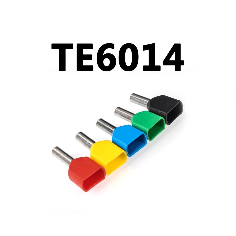 100 stk  te6014 2 x 10 awg gule dobbelt- og dobbeltindgangstråd & bootlace-hylstre til 2 x 6.0 mm 2, 14.0mm- polet længde