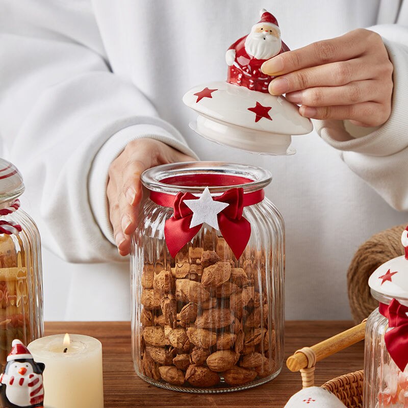Christmas Glass Storage Jars with Cute Ceramic Lid Airtight Candy Nuts Storage Container Sealed Canisters Pantry Food Organizer