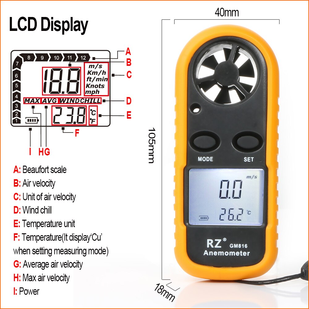 Anemometer Portable Anemometro Thermometer GM816 Wind Speed Gauge Meter Windmeter 30m/s LCD Digital Hand-held Anemometer