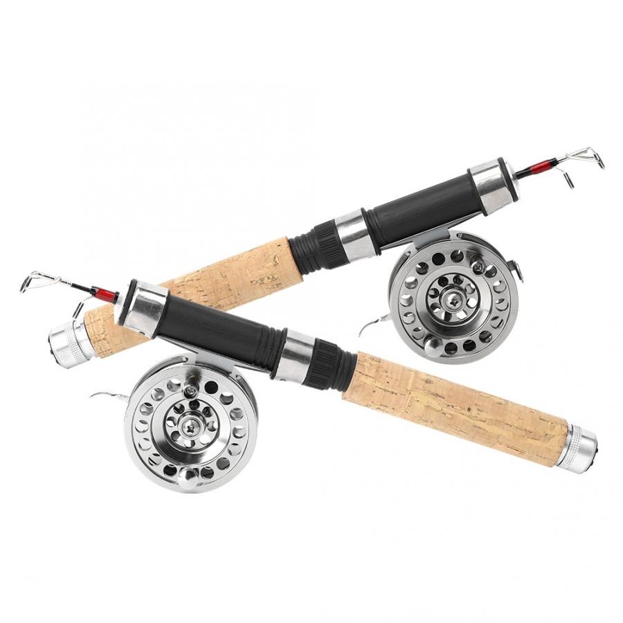Vara de pesca telescópica mini leve portátil ao ar livre metal roda pesca no gelo carretel com alça de madeira haste acessório