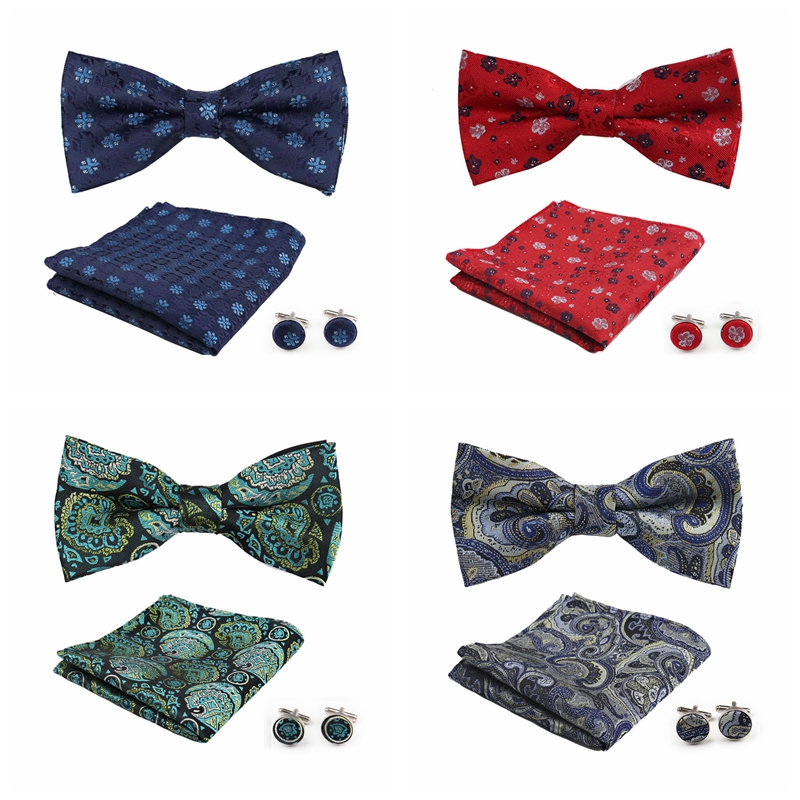 Conjunto de 3 piezas de pajarita, pañuelo, gemelos, conjunto para camisas de hombre, ajuste de negocios, boda, mariposa, Paisley, bolsillo, pajarita cuadrada para hombre
