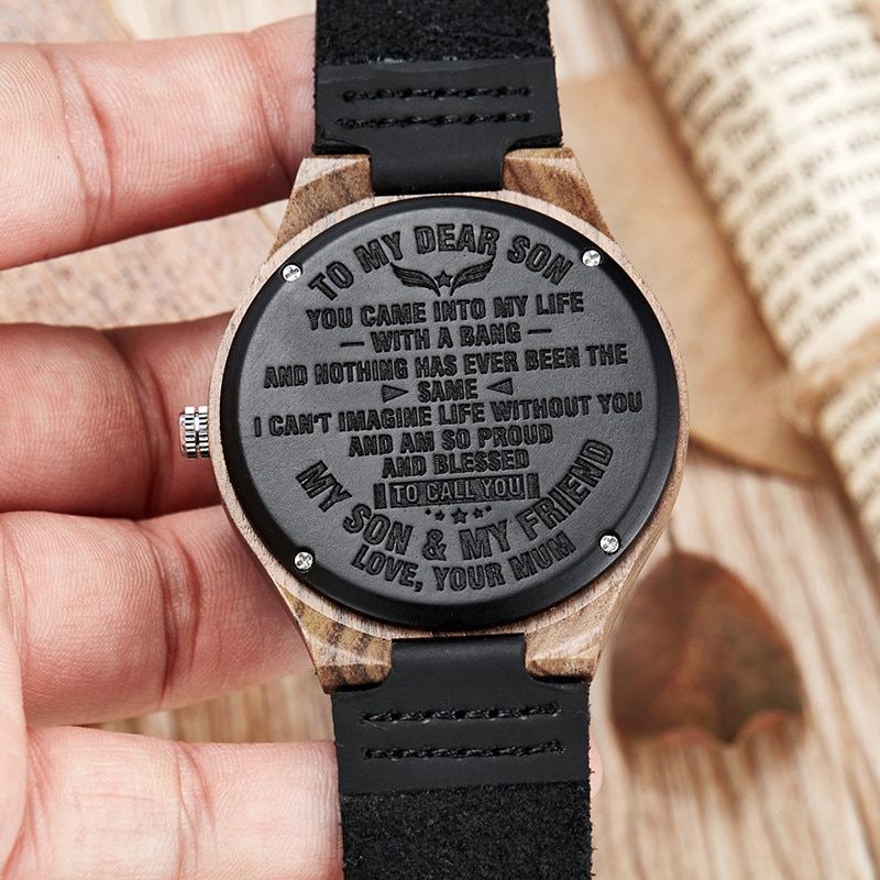 Wooden Watch To My Dear Son Wood Engraved Quartz Watch Men Bamboo Modern Wristwatches Nature Wood Leather