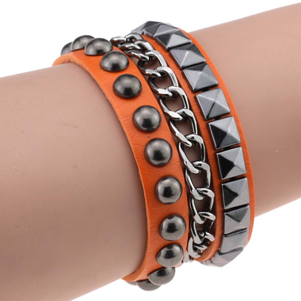 Gelaagde Leather Studded Armband Mannen Vrouwen Punk Band Rock Bangle Goth Sieraden Cosplay Emo Gothic Accessoires: orange