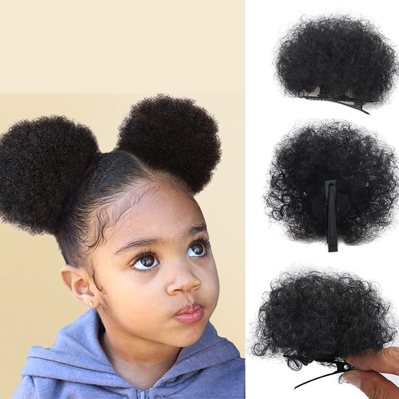 Coque de cabelo afro sintético com clipes para crianças, coque curto e crespo para meninas, extensão de rabo de cavalo encaracolado