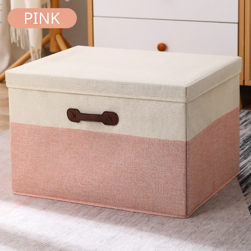 Cotton Linen Folding Storage Box with Lid Closet Drawer Clothes Books Toys Sundries Quilts Organizer Laundry Basket for Wardrobe: L / Burgundy