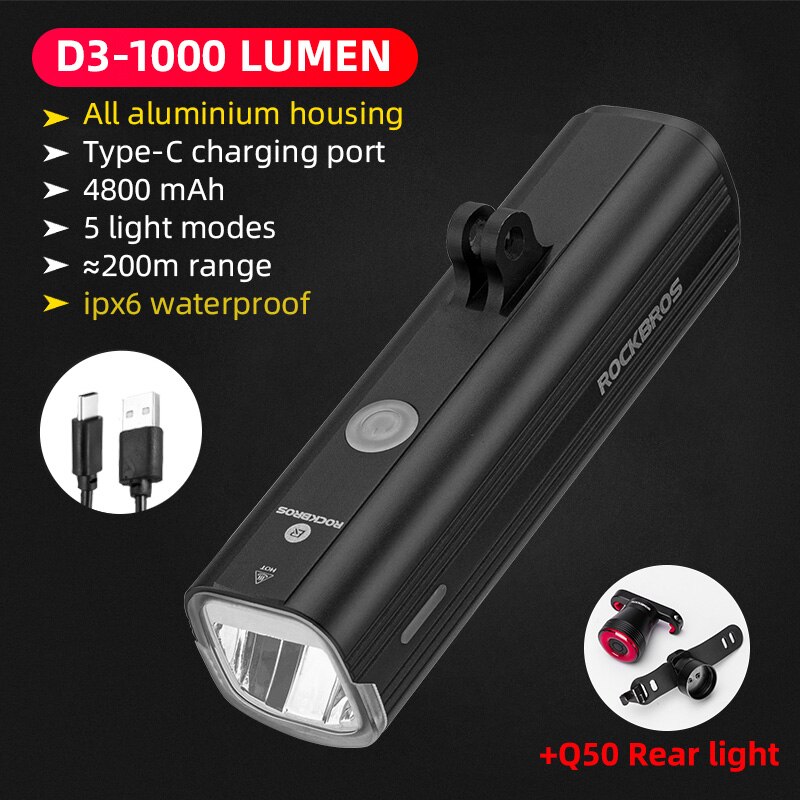 ROCKBROS Bike Front Light IPX6 Waterproof USB Rechargeable Bicycle Light 1000LM Cycling Headlight LED 4800mAh MTB Flashlight: D3-1000 and Q50