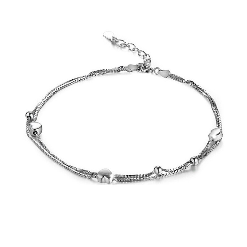 Fußkettchen für Frauen Kette 925 Sterling Silber Weibliche Einfache Fuß Schmuck Bein Stiefeletten Armbinde Doppel Runde Perle Mädchen Fußkettchen: Herz