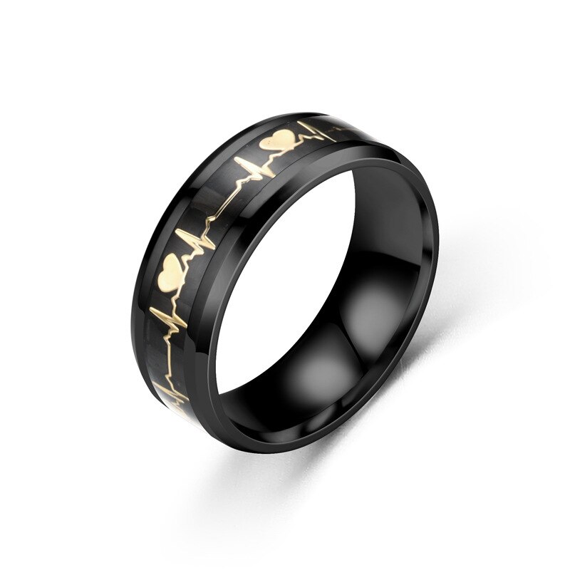 1pc luminoso humor ecg anel de aço inoxidável fibra carbono casal anel de casamento promessa coração anel brilhante jóias para homens