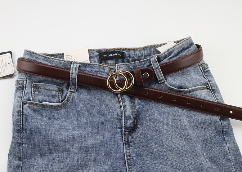 Patroon Casual Oogjes Pu Lederen Riem Voor Vrouwen Vrouwelijke Gouden Ronde Pin Gesp Brede Jean Taille Riem Dubbele Lus glad Gesp: GoldenCoffee