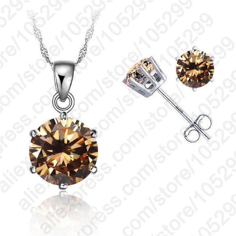 Classic 8 Colors Cubic Zirconia Genuine 925 Sterling Silver Jewelry Sets 6 Claws Stud Earring Pendant Necklace 18" Chain