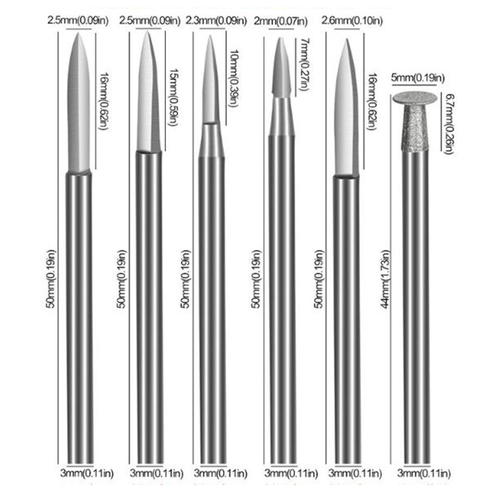 6-- delers borsett til treskjæringe, 2-5mm 3mm/2.35mm skaft til roterende verktøy, bor, gravering, bokstaver, håndverk, tilbehør: Brun