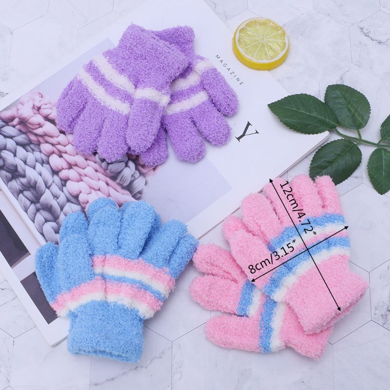 1 Paar Baby Handschoenen Warm Winter Volledige Vinger Thermische Coral Fleece Kinderen Jongens Meisjes Kleurrijke Streep Zachte Elastische Effen