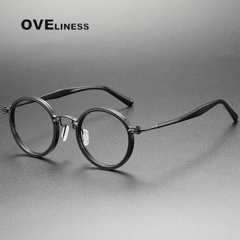 Jahrgang Runde Acetat Titan Brille Rahmen Männer Myopie Optische Brillen Rahmen Frauen Korea Luxus Brillen: Schwarz
