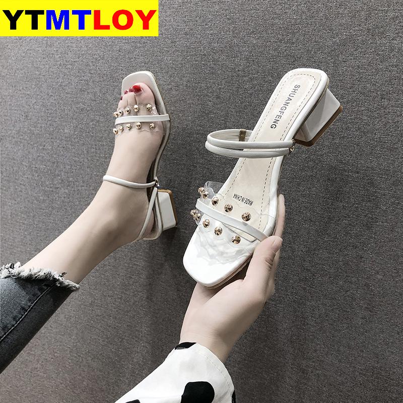 Summer Sandals Women Shoes Women Mules Metal Slides Peep Toe Transparent Square High Heels Female Shoes Gladiator Rivet Square