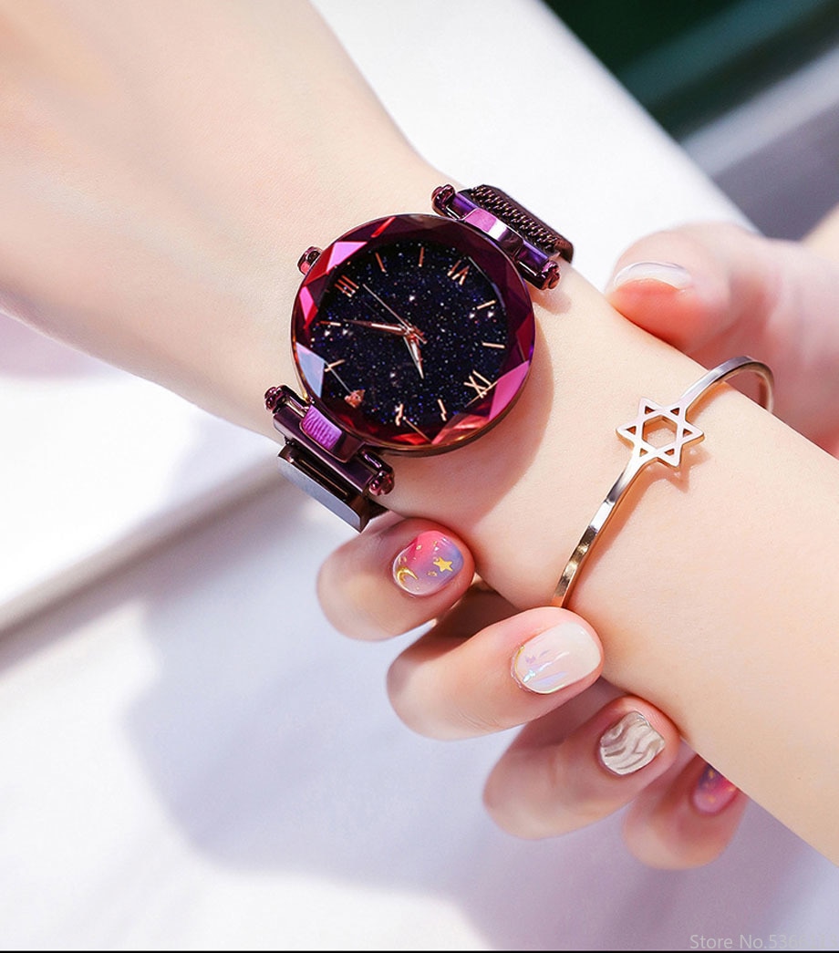 ciel étoilé chiffre romain horloge femmes montres aimant boucle Vibrato violet dames montre-bracelet