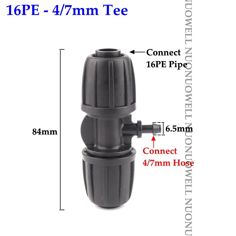2 stuks 16mm irrigatie pe buisconnectoren borgmoeren tuinwaterconnector landbouwbewateringsbuis slangkoppelingen buisverbindingen: 16pe-4 l 7mm tee