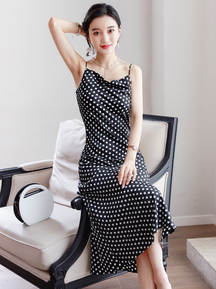 Wave Point Print Dress Women Black Spaghetti Strap Long Slim Women Full Slips Underdress