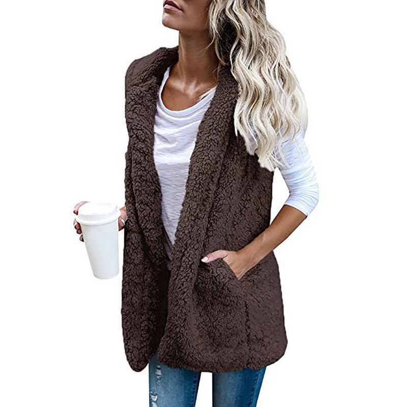 Hooded Vest For Women Autumn Winter Thick Warm Lamb Cashmere Coat Sleeveless Pocket Vests Jacket Outwear Casual Vest