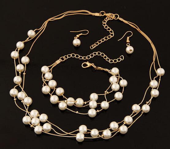 Schmuck Sets Koreanische Süße OL Elegante Perle Halskette Ohrring Armband Set Schmuck Schmuck Set Für Frauen Indische Brincos Earing: gold color