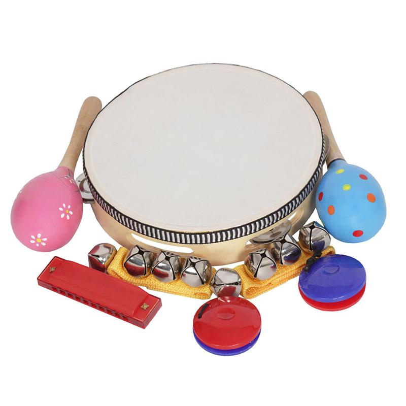8 stk/sæt musiklegetøj orff instrumentsæt band rytme sæt inklusive tamburin maracas kastanjetter håndklokker mundharmonika til børn