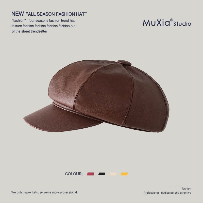 Cuero de la PU de invierno tapa octogonal chicas boina sombreros para las mujeres de Color verde gorras estilo vendedor de periódicos de la mujer de estilo británico boinas gorro para mantenerse