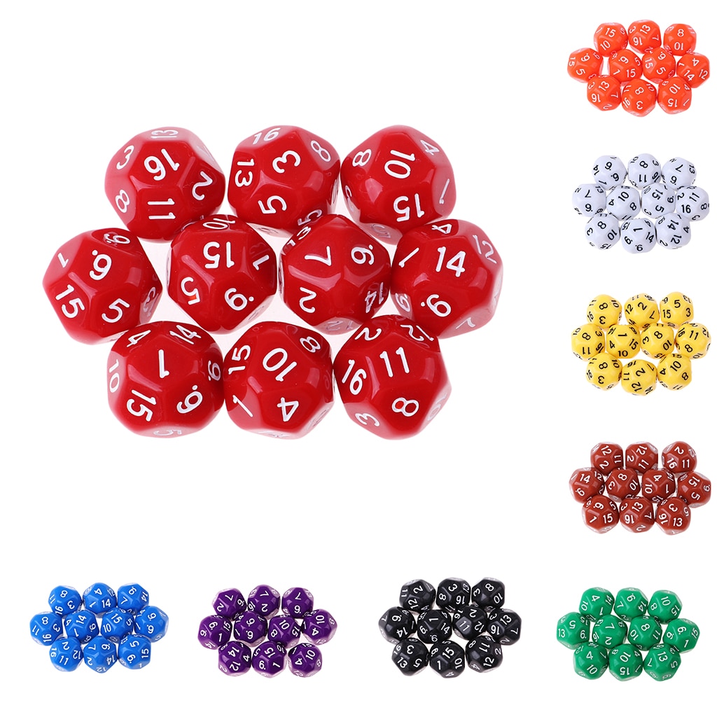 10pcs 16 Sided D16 14mm Acrylic Opaque Dice for Role Playing Game RPG Party Birthday Gaming Dice