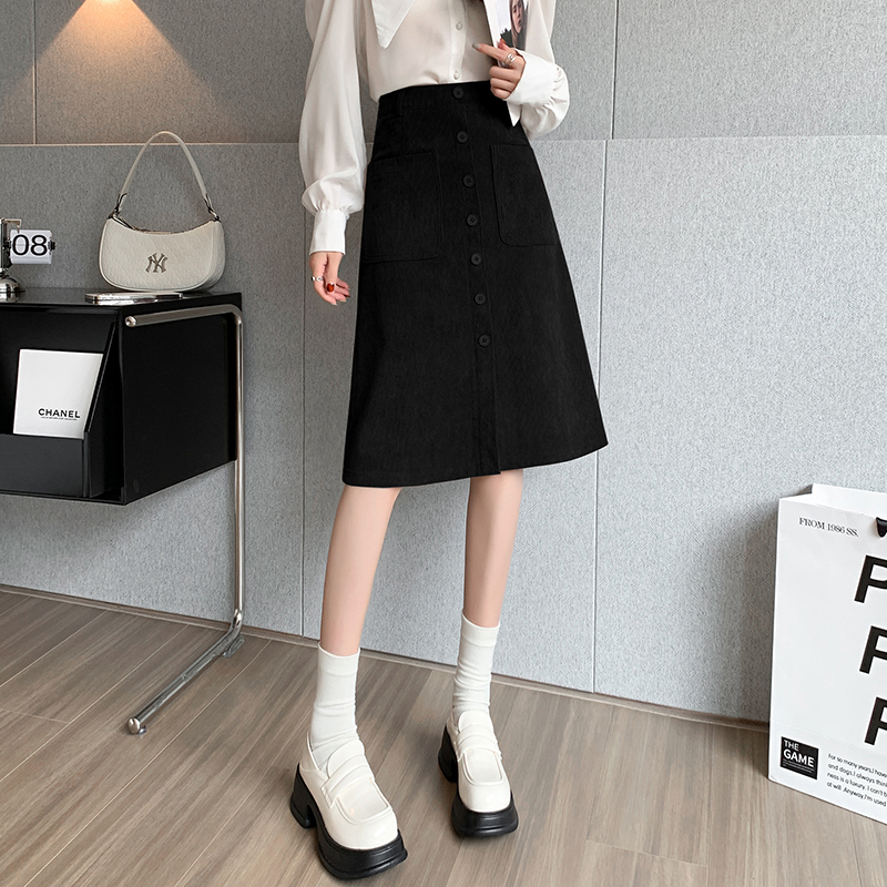 Kabel Röcke Frauen Herbst Winter Taschen bequeme Persönlichkeit Damen alle-Spiel Jahrgang Harajuku zarte schicke Knöpfe Temperament: XL / Schwarz
