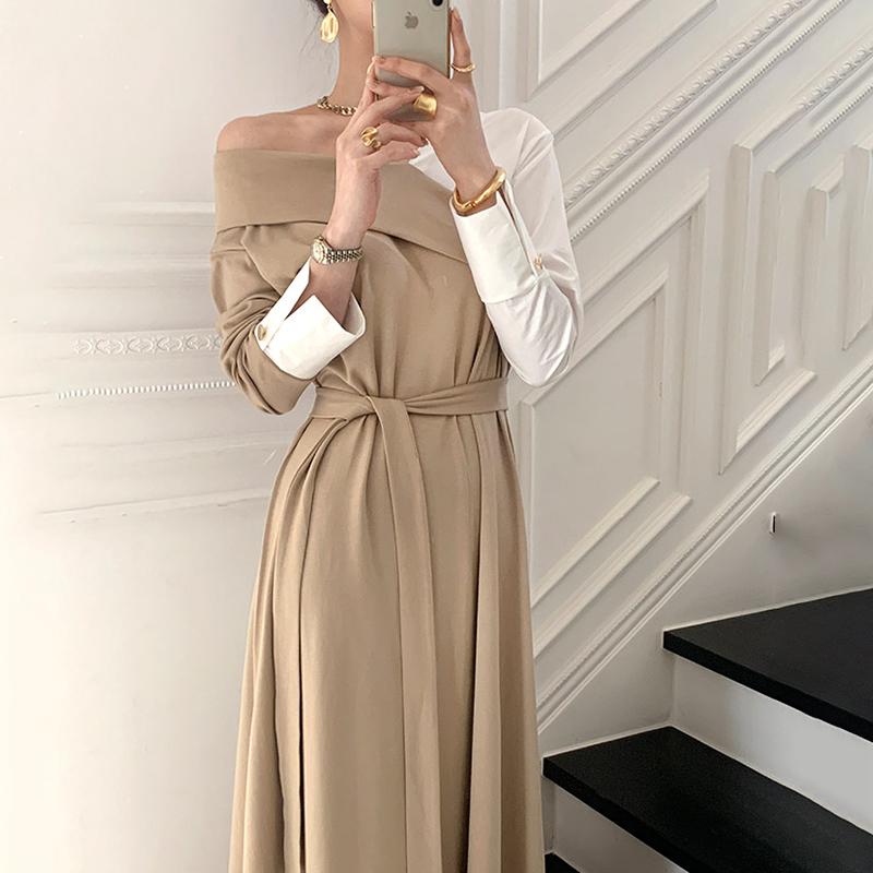 Robe longue en Patchwork de couleur pour femmes, col en v, épaules dénudées, manches longues, style coréen avec ceinture, Vintage B719: Khaki / S