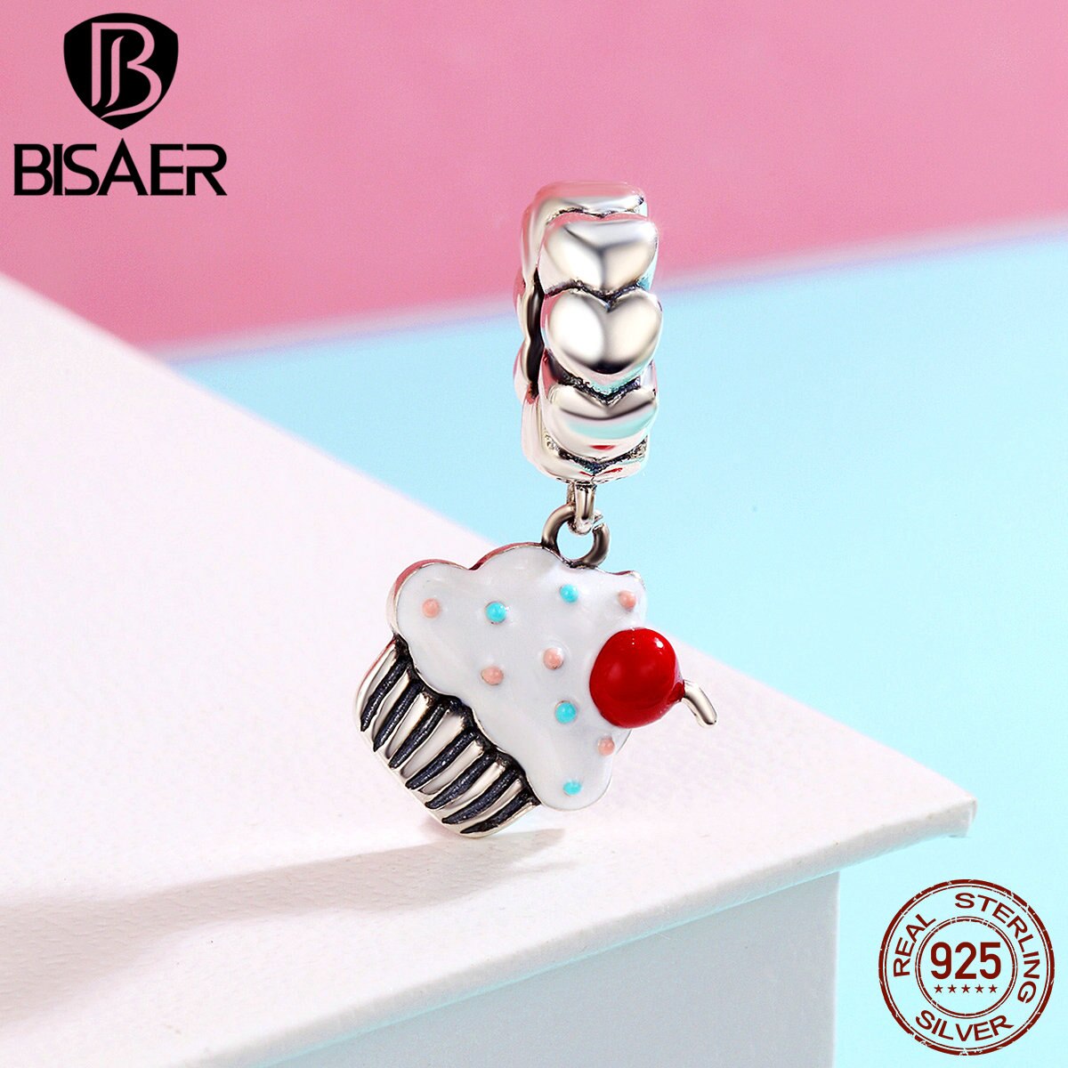 BISAER 100% 925 Sterling Silber Lecker Wüste, Kleine Geburtstag Kuchen Reize passen Authentische Original BISAER Armbänder ECC350