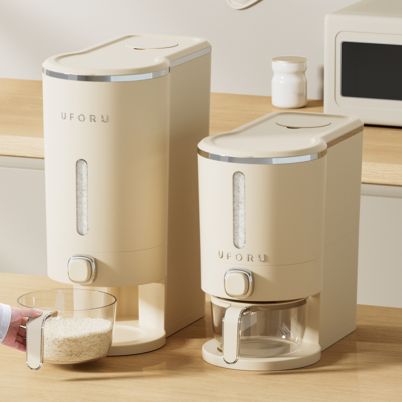 UFORU-barril de arroz blanco crema para el hogar, cubo de almacenamiento de alimentos para perros y gatos, caja de almacenamiento de granos grandes tipo prensa, suministros de cocina
