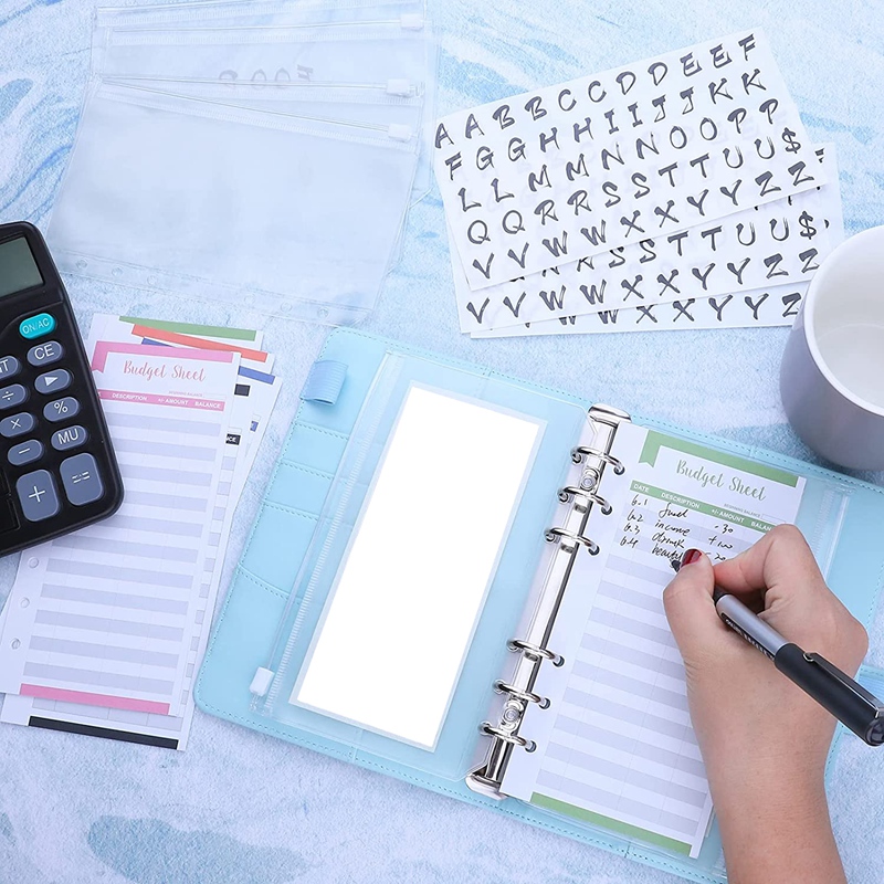 A6 PU Binder Case,With A6 Binder Pockets 12 Expense Budget Sheets Sticker Labels For 26 Categories Ring Budget Binder
