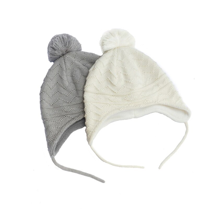 Winter Warm Kids Wol Hoed Gehoorbescherming Gebreide Muts Zachte Wollen Cap Effen Kleur Mode Baby Pompom Beanie Hoed Voor 0-5 Jaar
